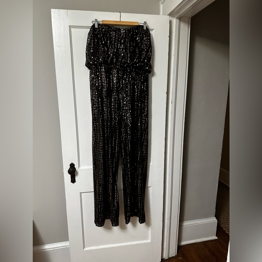 HALSTON Gold Strapless Sequin Jumpsuit - Size 12